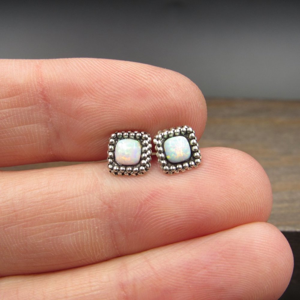 Sterling Silver Small Square Opal Stud Earrings V… - image 2